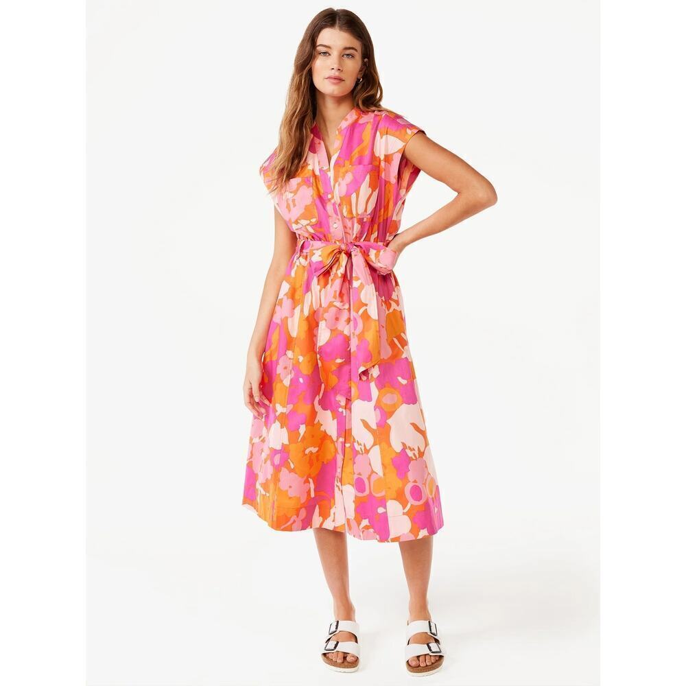 Free Assembly Women’s Pink Orange Belted Short Sleeves Midi Shirt Dress Size XL